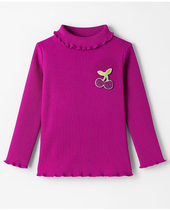 Babyhug Single Jersey Knit Full Sleeves Turtle Neck Winter T-Shirt with Cherry Embroidery - Violet