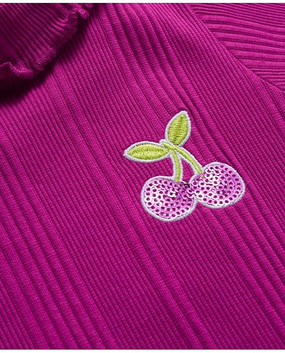 Babyhug Single Jersey Knit Full Sleeves Turtle Neck Winter T-Shirt with Cherry Embroidery - Violet
