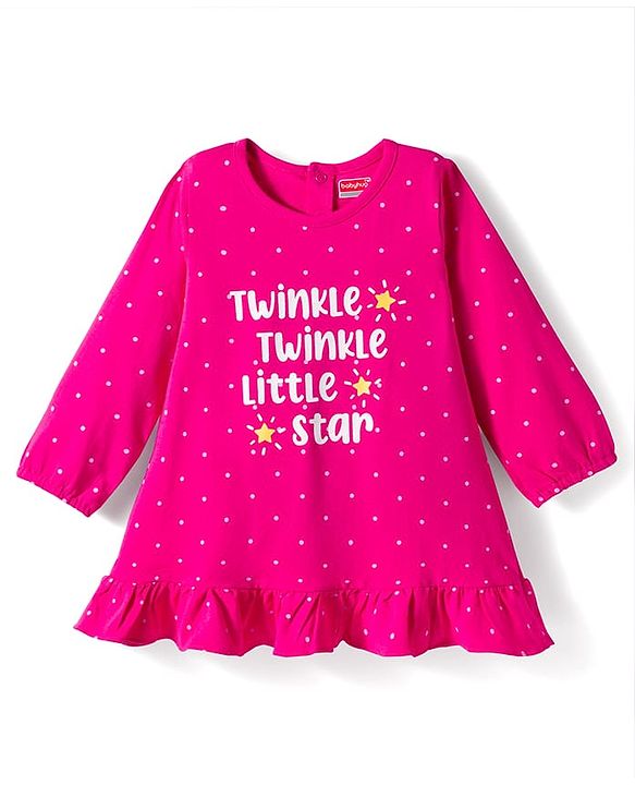 Babyhug Cotton Knit Full Sleeves Nighty With Text & Polka Dot Print - Pink