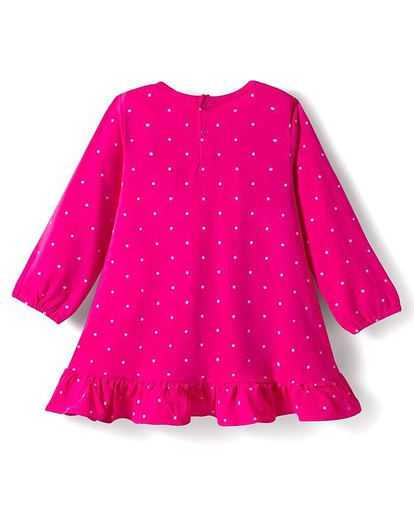Babyhug Cotton Knit Full Sleeves Nighty With Text & Polka Dot Print - Pink
