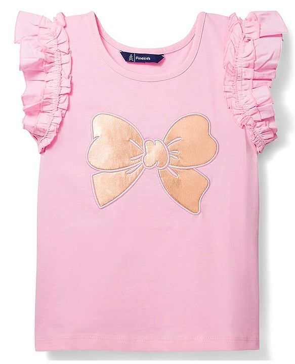Pine Kids Cotton Knit Frill Sleeves Top With Butterfly Embriodery - Pink