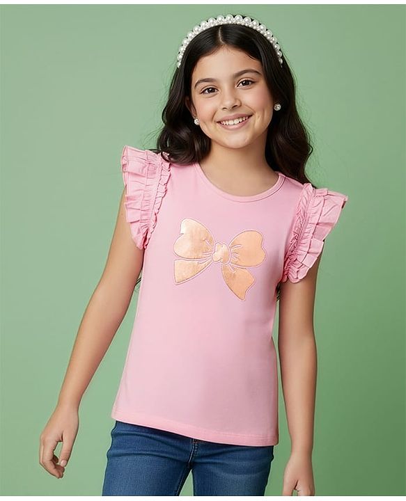 Pine Kids Cotton Knit Frill Sleeves Top With Butterfly Embriodery - Pink