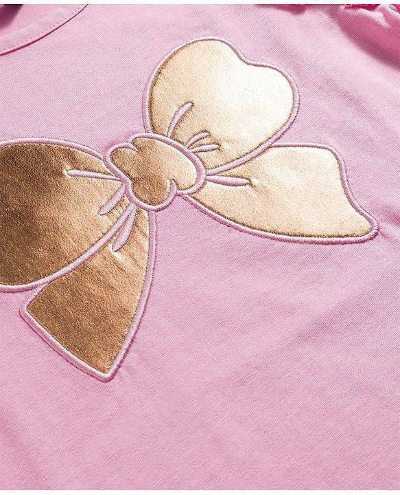 Pine Kids Cotton Knit Frill Sleeves Top With Butterfly Embriodery - Pink