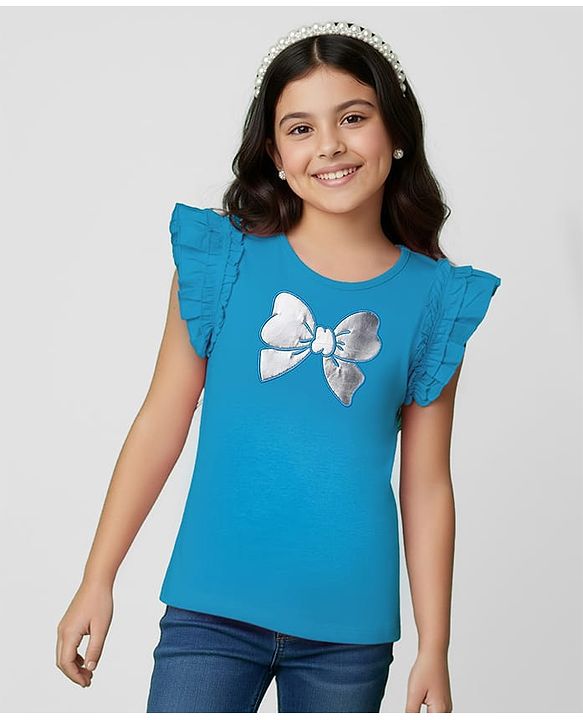 Pine Kids Cotton Knit Frill Sleeves Top With Bow Print - Light Blue