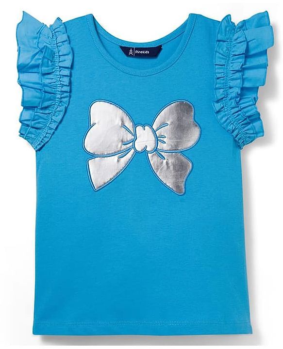 Pine Kids Cotton Knit Frill Sleeves Top With Bow Print - Light Blue