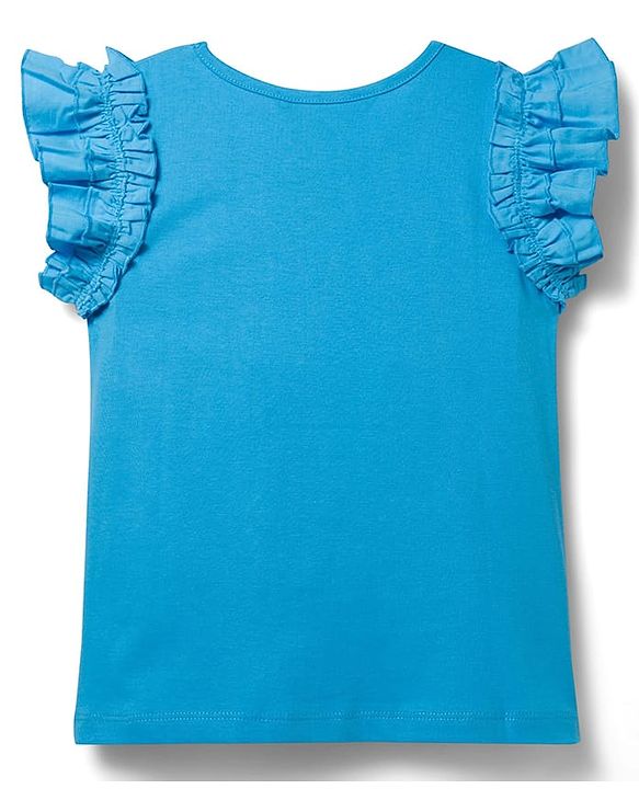 Pine Kids Cotton Knit Frill Sleeves Top With Bow Print - Light Blue