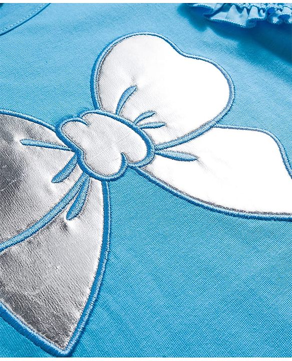 Pine Kids Cotton Knit Frill Sleeves Top With Bow Print - Light Blue