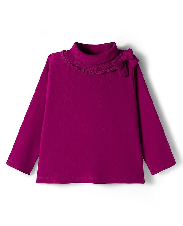 Babyhug Single Jersey Knit Full Sleeves Turtle Neck Winter T-Shirt with Bow Applique - Wine