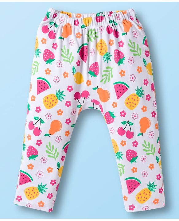 Babyhug Cotton Knit Full Length Diaper Leggings With Floral Print Pack Of 3 - Pink Yellow & White
