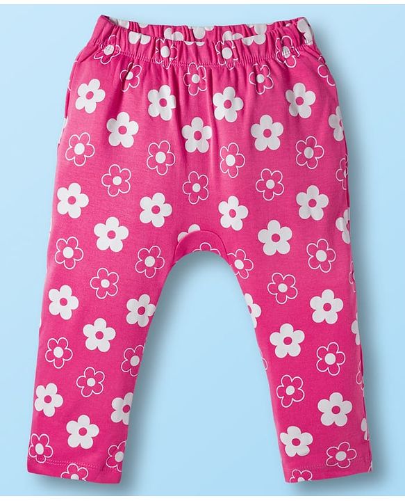Babyhug Cotton Knit Full Length Diaper Leggings With Floral Print Pack Of 3 - Pink Yellow & White