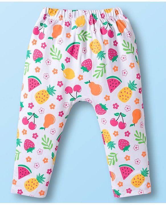 Babyhug Cotton Knit Full Length Diaper Leggings With Floral Print Pack Of 3 - Pink Yellow & White
