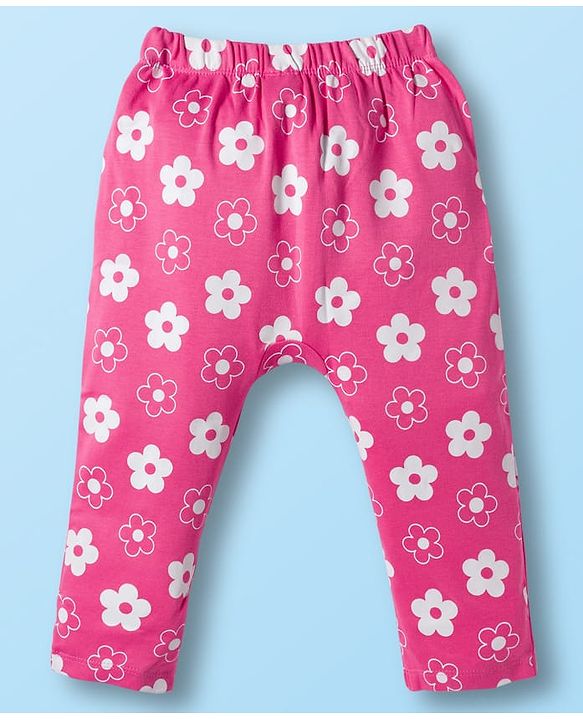 Babyhug Cotton Knit Full Length Diaper Leggings With Floral Print Pack Of 3 - Pink Yellow & White