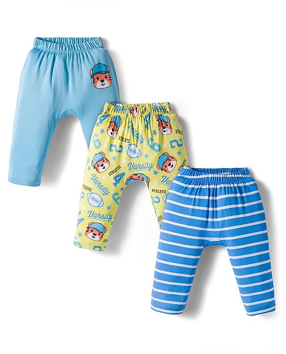 Babyhug Interlock Knit Full Length Diaper Leggings with Stripes & Vehicle Print Pack of 3 - Yellow & Blue