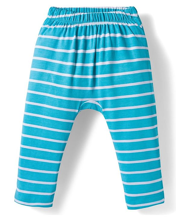 Babyhug Cotton Knit Full Length Diaper Pant With Stipes & Vehicle Print Pack Of 3 - Light Blue Yellow & Aqua