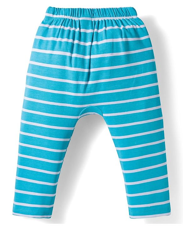 Babyhug Cotton Knit Full Length Diaper Pant With Stipes & Vehicle Print Pack Of 3 - Light Blue Yellow & Aqua