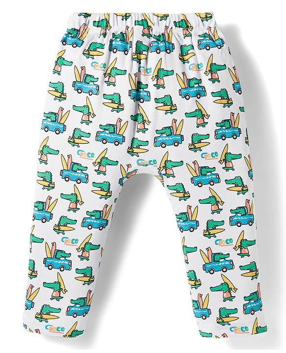 Babyhug Cotton Knit Full Length Diaper Pant With Stipes & Vehicle Print Pack Of 3 - Light Blue Yellow & Aqua