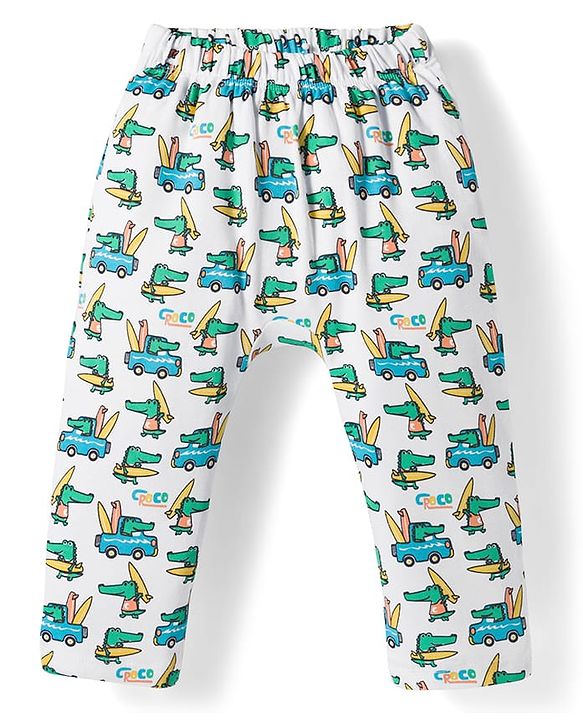 Babyhug Cotton Knit Full Length Diaper Pant With Stipes & Vehicle Print Pack Of 3 - Light Blue Yellow & Aqua