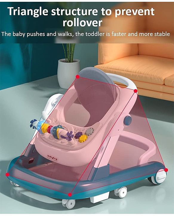 Babyhug 2 in 1 Baby Walker with Anti Fall Protection & Adjustable Height-Blue| Push Walker| Rear Wheels with Speed Control| Soft Padded Seat| Smooth Swivel Wheels| Musical Toy Tray with Engaging Toys