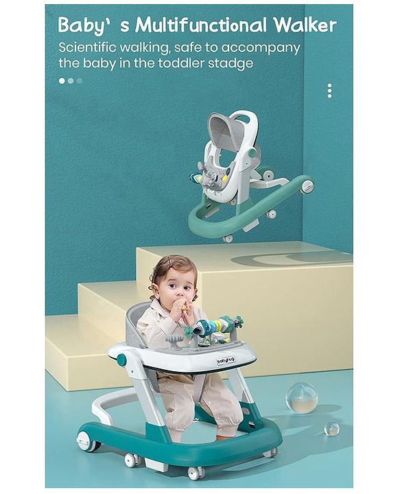 Babyhug 2 in 1 Baby Walker with Anti Fall Protection & Adjustable Height-Blue| Push Walker| Rear Wheels with Speed Control| Soft Padded Seat| Smooth Swivel Wheels| Musical Toy Tray with Engaging Toys