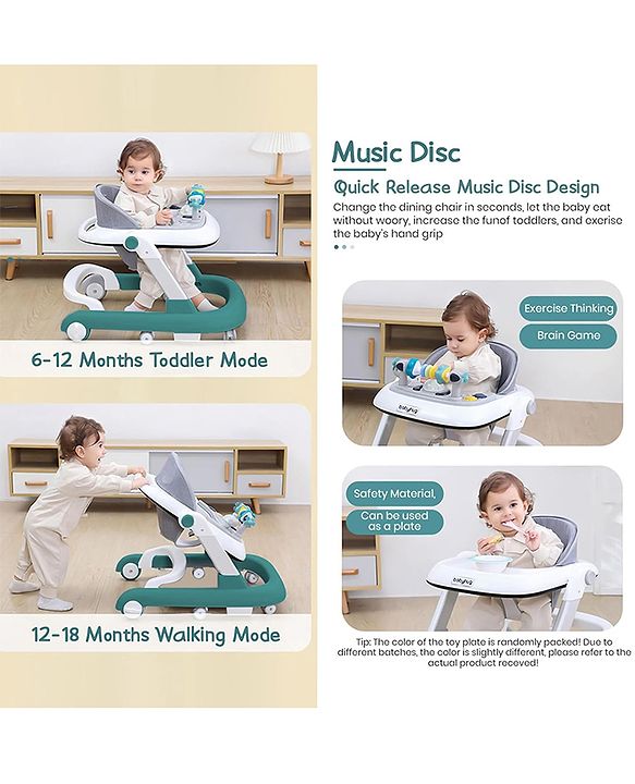 Babyhug 2 in 1 Baby Walker with Anti Fall Protection & Adjustable Height-Blue| Push Walker| Rear Wheels with Speed Control| Soft Padded Seat| Smooth Swivel Wheels| Musical Toy Tray with Engaging Toys