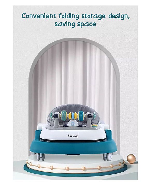Babyhug 2 in 1 Baby Walker with Anti Fall Protection & Adjustable Height-Blue| Push Walker| Rear Wheels with Speed Control| Soft Padded Seat| Smooth Swivel Wheels| Musical Toy Tray with Engaging Toys