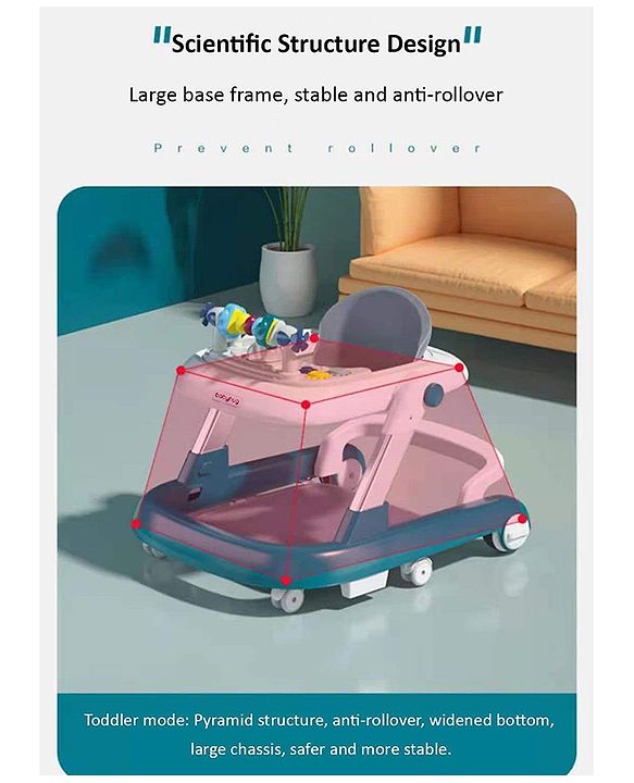 Babyhug 2 in 1 Baby Walker with Anti Fall Protection & Adjustable Height-Blue| Push Walker| Rear Wheels with Speed Control| Soft Padded Seat| Smooth Swivel Wheels| Musical Toy Tray with Engaging Toys