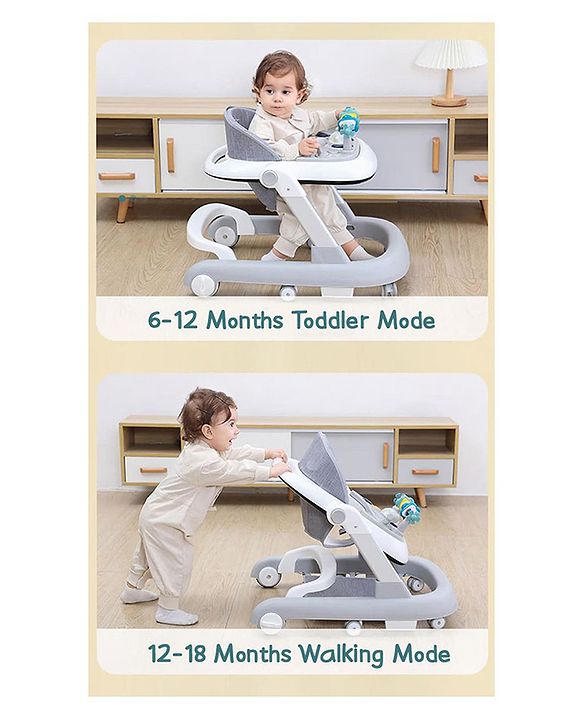 Babyhug 2 in 1 Baby Walker with Anti Fall Protection & Adjustable Height-Blue| Push Walker| Rear Wheels with Speed Control| Soft Padded Seat| Smooth Swivel Wheels| Musical Toy Tray with Engaging Toys