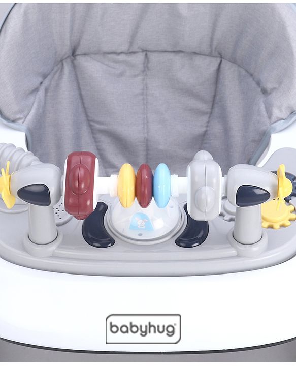 Babyhug 2 in 1 Baby Walker with Anti Fall Protection & Adjustable Height-Blue| Push Walker| Rear Wheels with Speed Control| Soft Padded Seat| Smooth Swivel Wheels| Musical Toy Tray with Engaging Toys