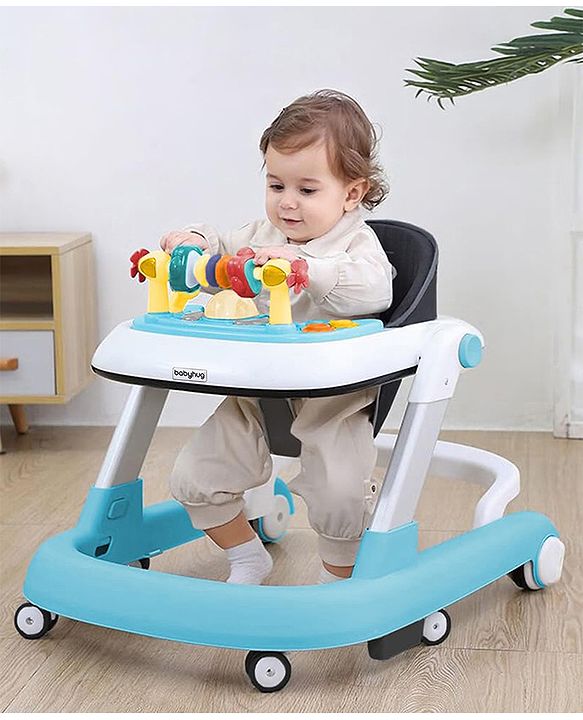 Babyhug 2 in 1 Baby Walker with Anti Fall Protection & Adjustable Height-Blue| Push Walker| Rear Wheels with Speed Control| Soft Padded Seat| Smooth Swivel Wheels| Musical Toy Tray with Engaging Toys