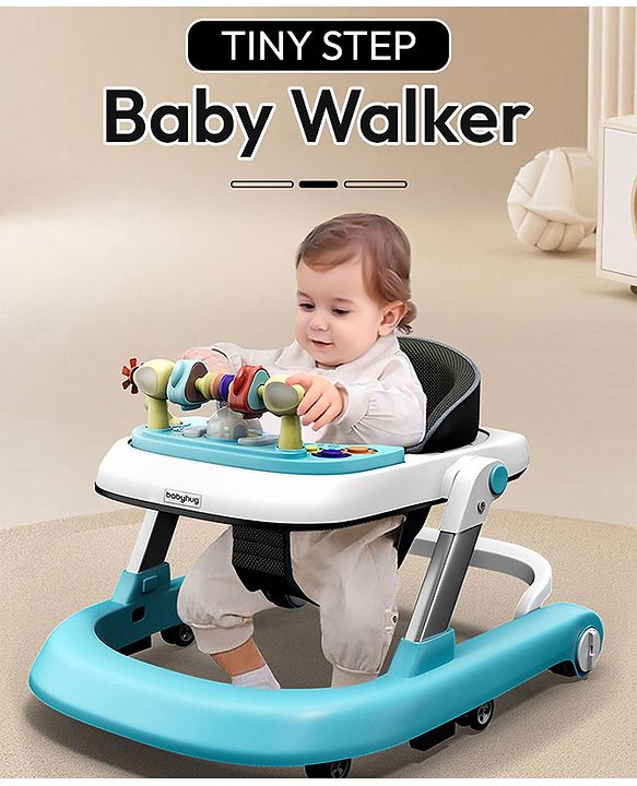 Babyhug 2 in 1 Baby Walker with Anti Fall Protection & Adjustable Height-Blue| Push Walker| Rear Wheels with Speed Control| Soft Padded Seat| Smooth Swivel Wheels| Musical Toy Tray with Engaging Toys