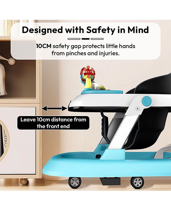 Babyhug 2 in 1 Baby Walker with Anti Fall Protection & Adjustable Height-Blue| Push Walker| Rear Wheels with Speed Control| Soft Padded Seat| Smooth Swivel Wheels| Musical Toy Tray with Engaging Toys