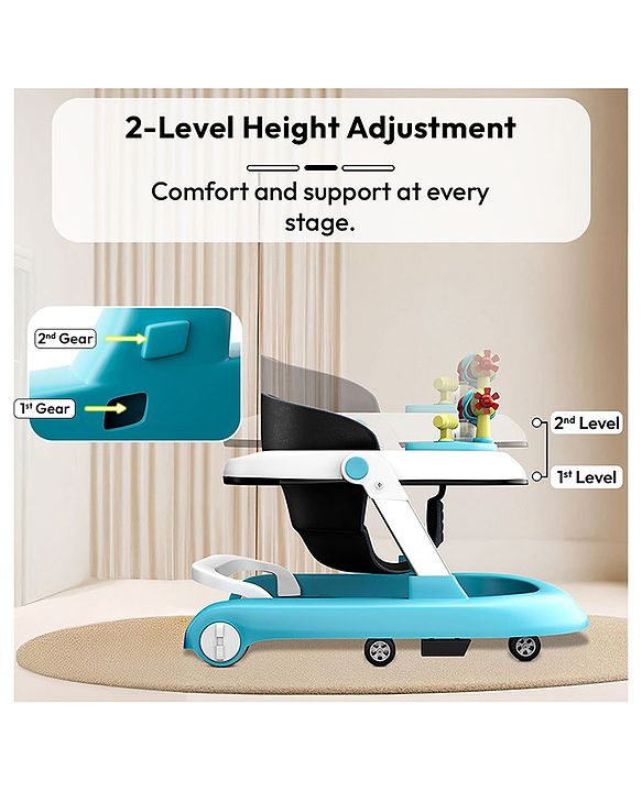 Babyhug 2 in 1 Baby Walker with Anti Fall Protection & Adjustable Height-Blue| Push Walker| Rear Wheels with Speed Control| Soft Padded Seat| Smooth Swivel Wheels| Musical Toy Tray with Engaging Toys