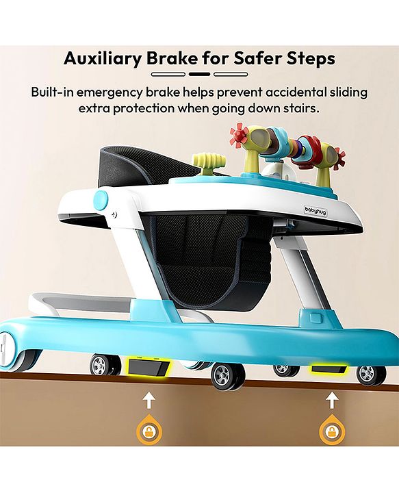 Babyhug 2 in 1 Baby Walker with Anti Fall Protection & Adjustable Height-Blue| Push Walker| Rear Wheels with Speed Control| Soft Padded Seat| Smooth Swivel Wheels| Musical Toy Tray with Engaging Toys
