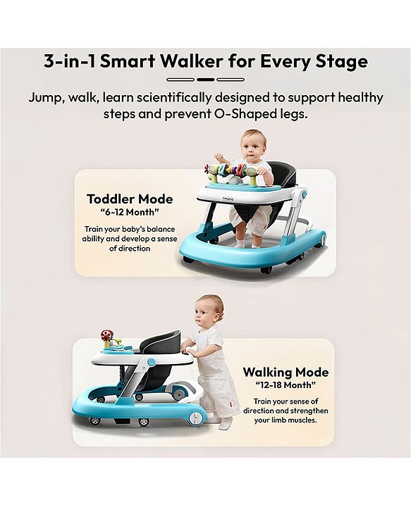 Babyhug 2 in 1 Baby Walker with Anti Fall Protection & Adjustable Height-Blue| Push Walker| Rear Wheels with Speed Control| Soft Padded Seat| Smooth Swivel Wheels| Musical Toy Tray with Engaging Toys