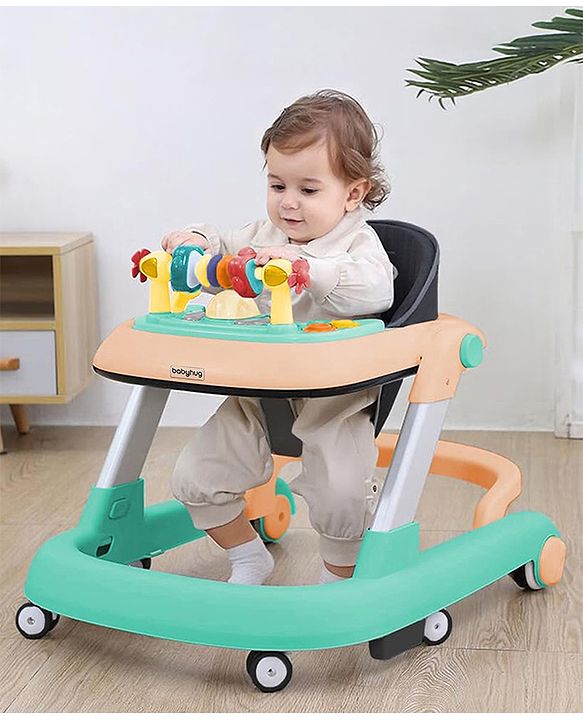 Babyhug 2 in 1 Baby Walker with Anti Fall Protection & Adjustable Height-Blue| Push Walker| Rear Wheels with Speed Control| Soft Padded Seat| Smooth Swivel Wheels| Musical Toy Tray with Engaging Toys