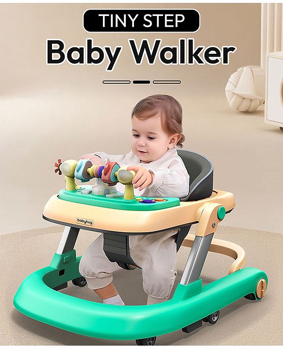 Babyhug 2 in 1 Baby Walker with Anti Fall Protection & Adjustable Height-Blue| Push Walker| Rear Wheels with Speed Control| Soft Padded Seat| Smooth Swivel Wheels| Musical Toy Tray with Engaging Toys