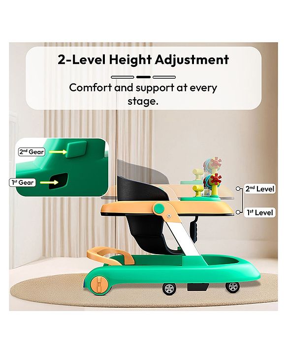 Babyhug 2 in 1 Baby Walker with Anti Fall Protection & Adjustable Height-Blue| Push Walker| Rear Wheels with Speed Control| Soft Padded Seat| Smooth Swivel Wheels| Musical Toy Tray with Engaging Toys