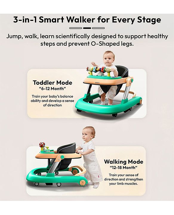 Babyhug 2 in 1 Baby Walker with Anti Fall Protection & Adjustable Height-Blue| Push Walker| Rear Wheels with Speed Control| Soft Padded Seat| Smooth Swivel Wheels| Musical Toy Tray with Engaging Toys