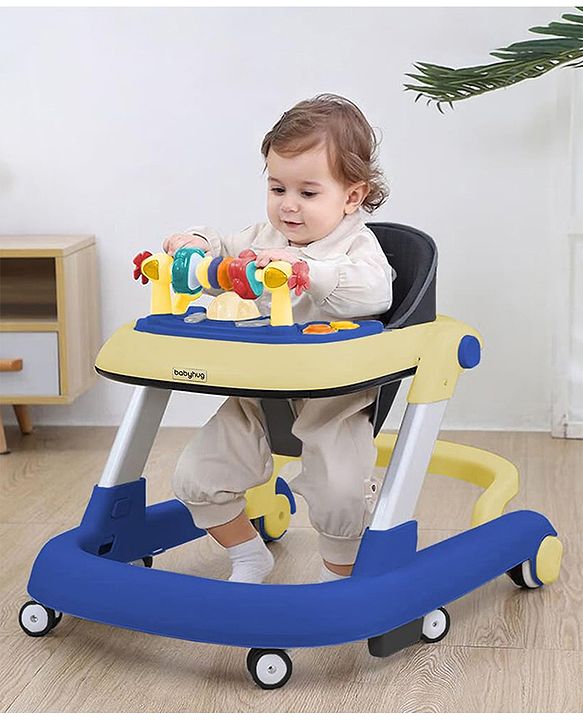 Babyhug 2 in 1 Baby Walker with Anti Fall Protection & Adjustable Height-Blue| Push Walker| Rear Wheels with Speed Control| Soft Padded Seat| Smooth Swivel Wheels| Musical Toy Tray with Engaging Toys