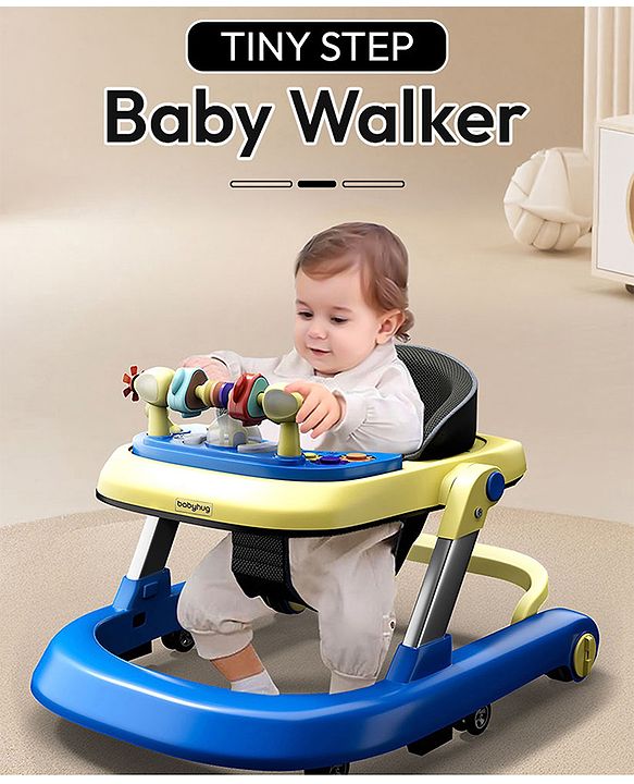 Babyhug 2 in 1 Baby Walker with Anti Fall Protection & Adjustable Height-Blue| Push Walker| Rear Wheels with Speed Control| Soft Padded Seat| Smooth Swivel Wheels| Musical Toy Tray with Engaging Toys
