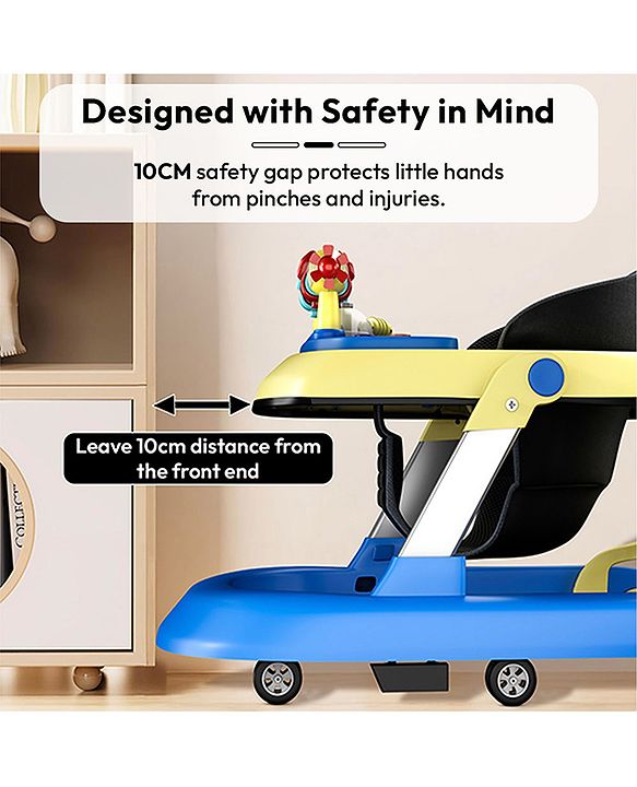 Babyhug 2 in 1 Baby Walker with Anti Fall Protection & Adjustable Height-Blue| Push Walker| Rear Wheels with Speed Control| Soft Padded Seat| Smooth Swivel Wheels| Musical Toy Tray with Engaging Toys