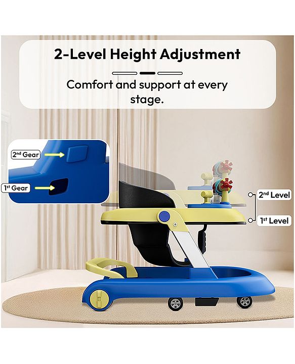 Babyhug 2 in 1 Baby Walker with Anti Fall Protection & Adjustable Height-Blue| Push Walker| Rear Wheels with Speed Control| Soft Padded Seat| Smooth Swivel Wheels| Musical Toy Tray with Engaging Toys