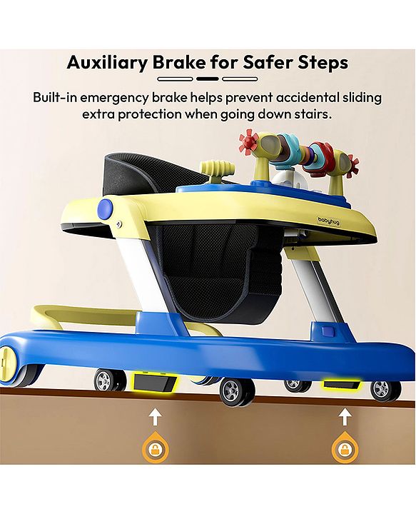 Babyhug 2 in 1 Baby Walker with Anti Fall Protection & Adjustable Height-Blue| Push Walker| Rear Wheels with Speed Control| Soft Padded Seat| Smooth Swivel Wheels| Musical Toy Tray with Engaging Toys