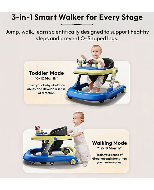 Babyhug 2 in 1 Baby Walker with Anti Fall Protection & Adjustable Height-Blue| Push Walker| Rear Wheels with Speed Control| Soft Padded Seat| Smooth Swivel Wheels| Musical Toy Tray with Engaging Toys