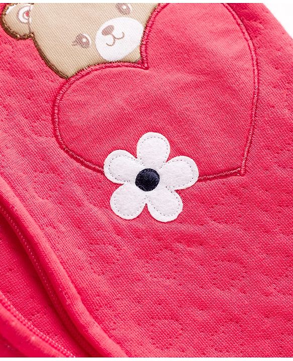 Babyhug Sweater Knit Full Sleeves Front Open Hooded Winter Wear Romper with Hearts Floral & Teddy Detailing - Red