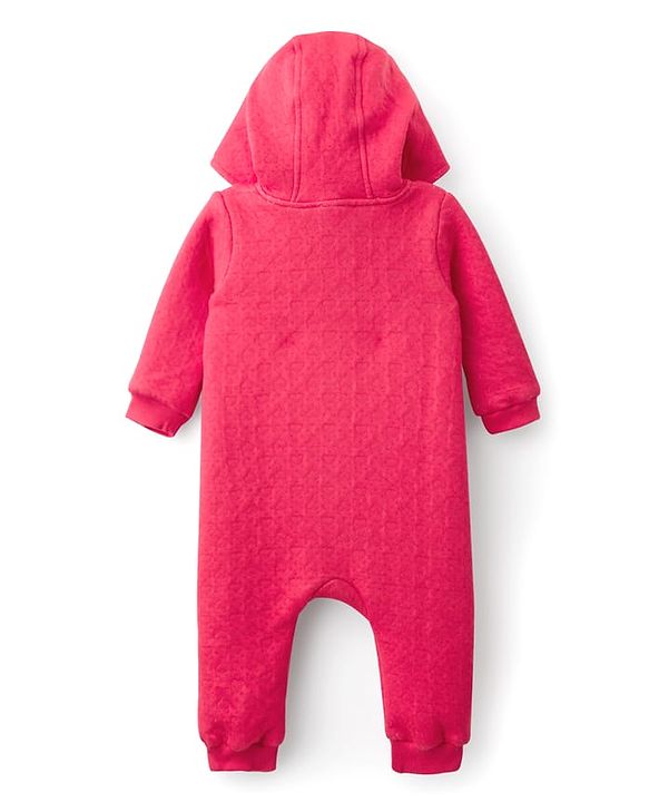 Babyhug Sweater Knit Full Sleeves Front Open Hooded Winter Wear Romper with Hearts Floral & Teddy Detailing - Red