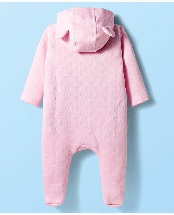 Babyhug Cotton Knit Full Sleeves Front Open Footed Hooded Winter Wear Quilted Onesie with Teddy Bear Print - Pink