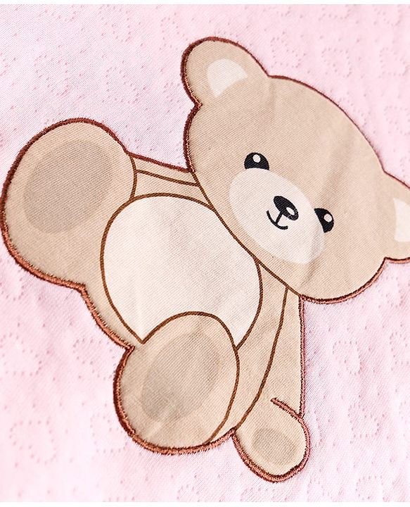 Babyhug Cotton Knit Full Sleeves Front Open Footed Hooded Winter Wear Quilted Onesie with Teddy Bear Print - Pink