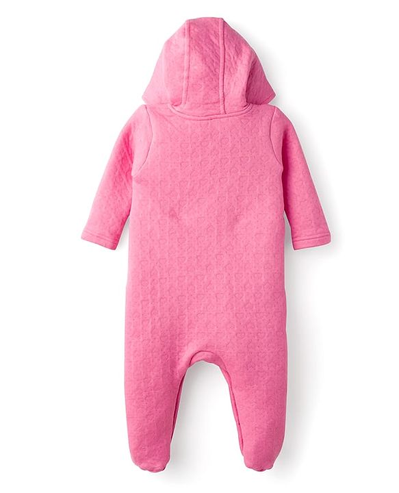 Babyhug Cotton Knit Full Sleeves Footed & Hooded Quilted Romper With Animal Embroidery - Pink