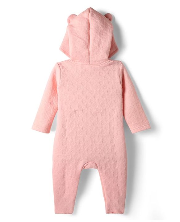 Babyhug Cotton Knit Full Sleeves Hooded Footed Winter Wear Quilted Romper with Bear Print & Ear Applique - Pink